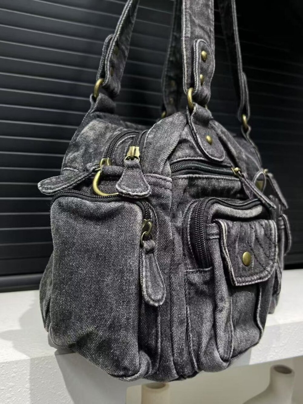 Y2K Acid Wash Denim Studded Multi Pocket Shoulder Bag